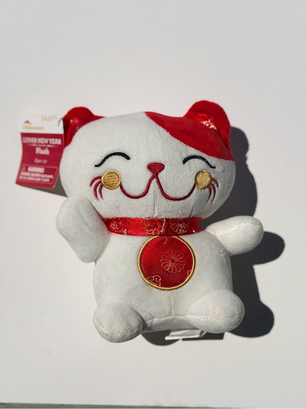 Plush Lucky Cat Toy - White and Red